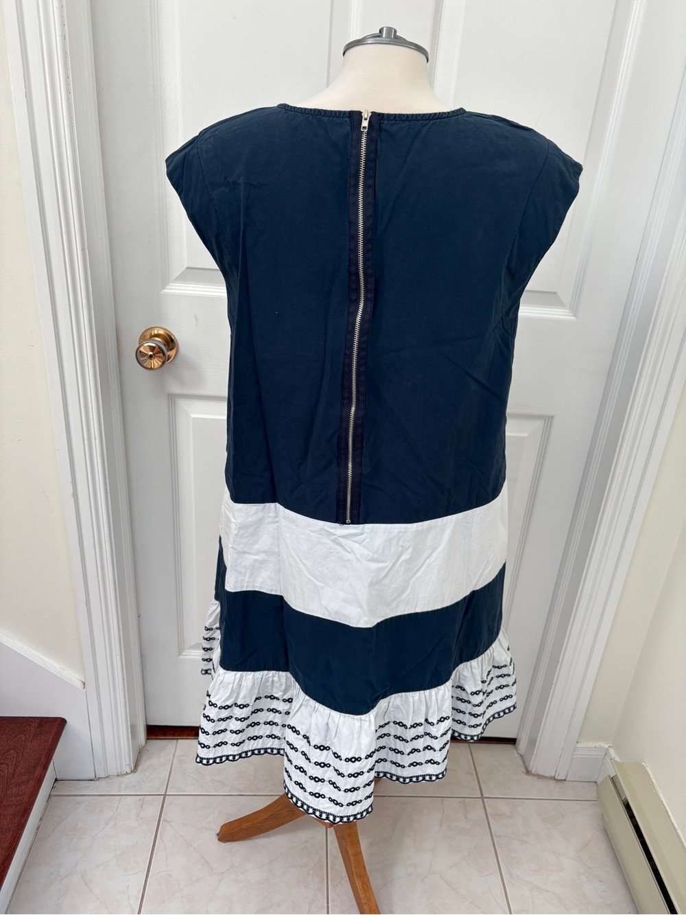 Navy and White Tiered Eyelet Sleeveless Swing Dress - Picture 6 of 9